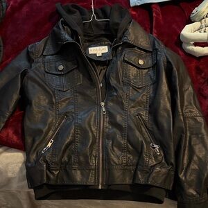 B. Coature womens leather jacket with detachable hood and inside zipper.